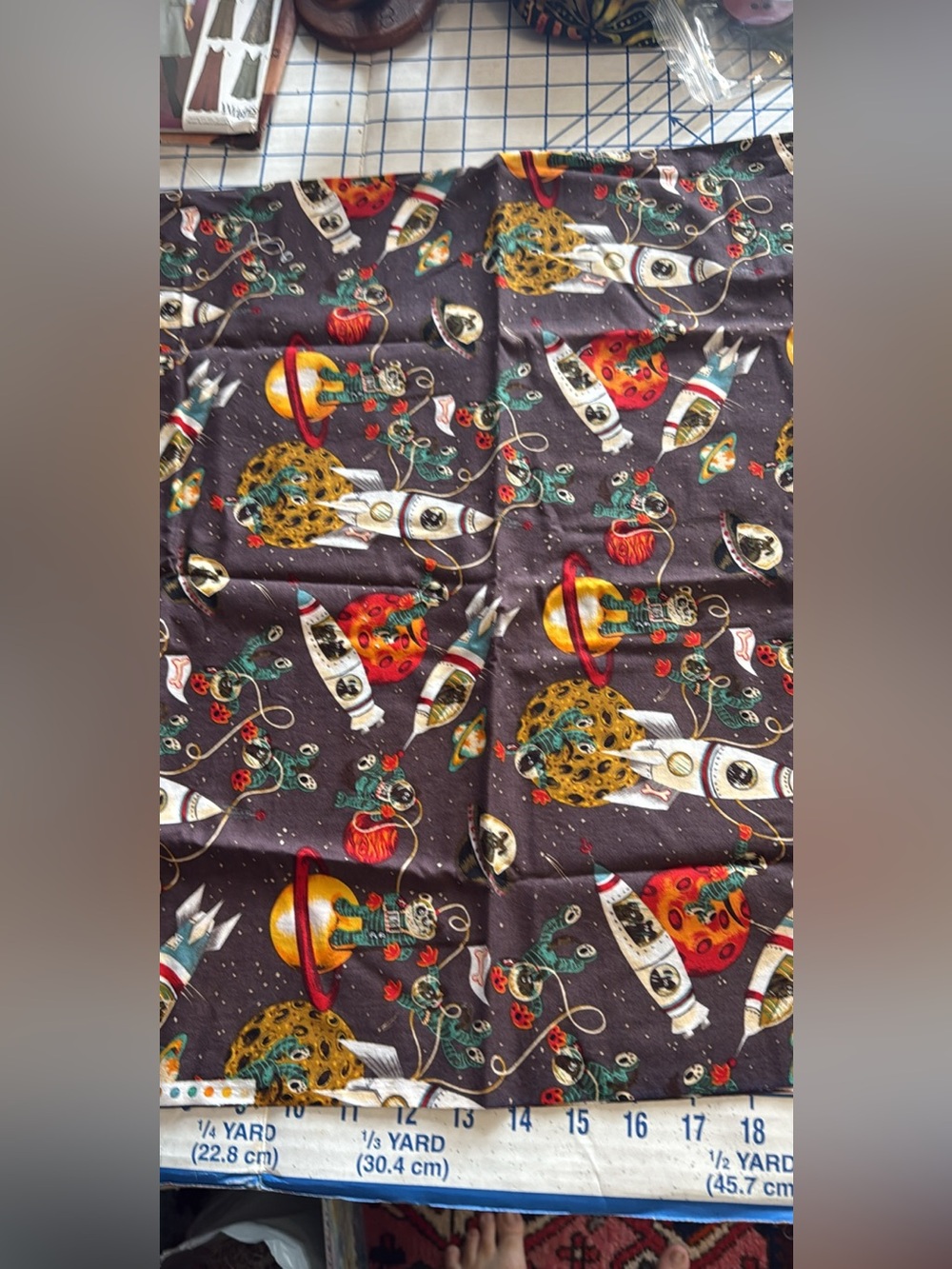 Cotton Fabric / Kids Space Rocket Print / Dark Gray